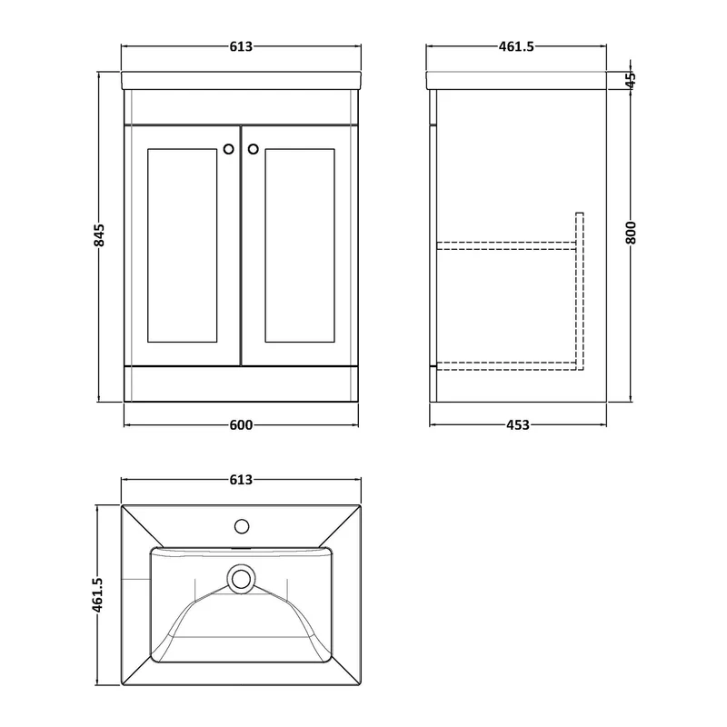 Classique 600mm Floor Standing Vanity Unit With 2 Doors With Contemporary Basin - Satin White