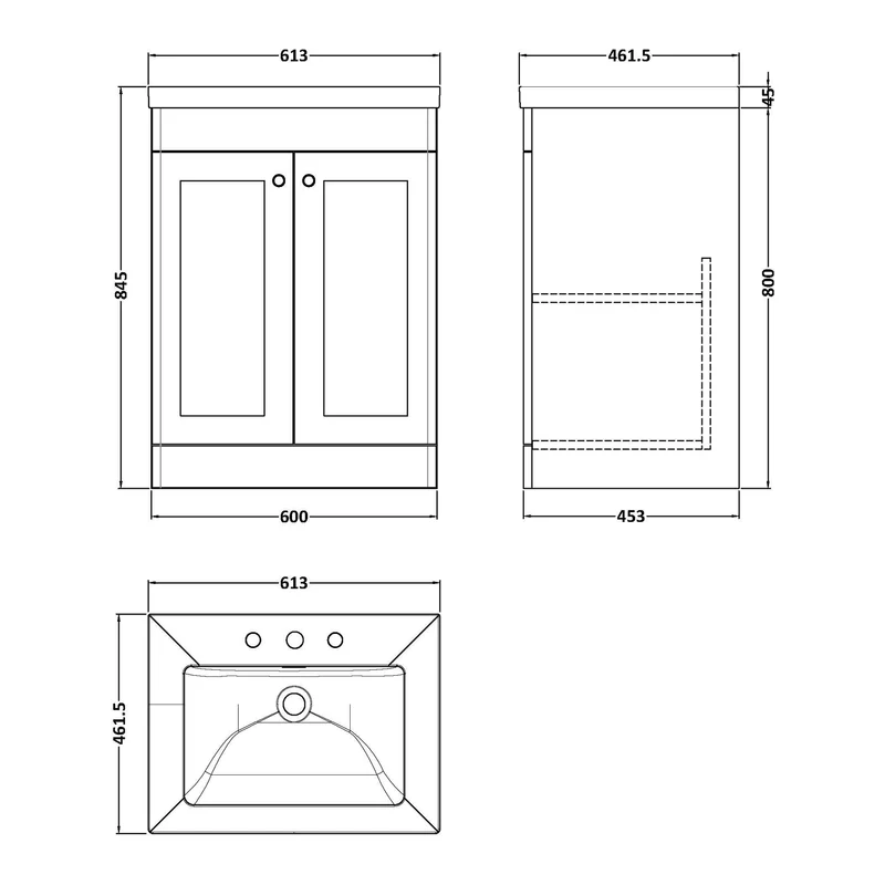 Classique 600mm Floor Standing Vanity Unit With 2 Doors With Contemporary Basin - Satin White