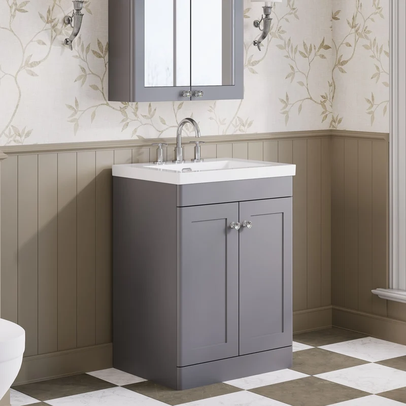 Classique 600mm Floor Standing Vanity Unit With 2 Doors With Contemporary Basin - Satin Grey