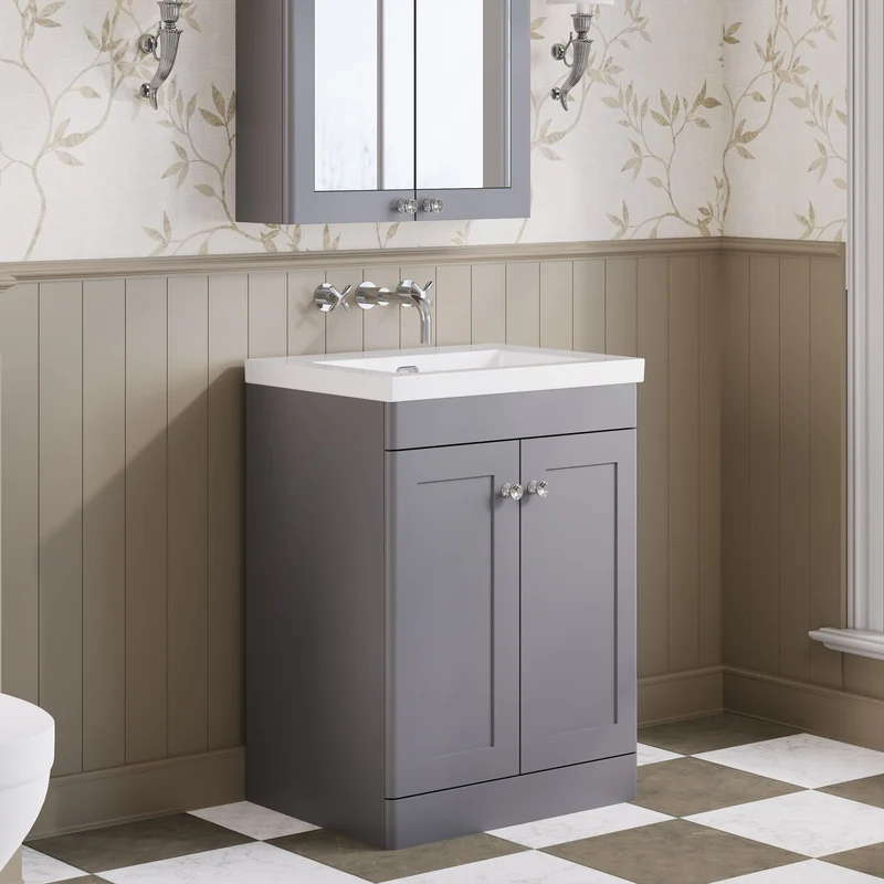 Classique 600mm Floor Standing Vanity Unit With 2 Doors With Contemporary Basin - Satin Grey