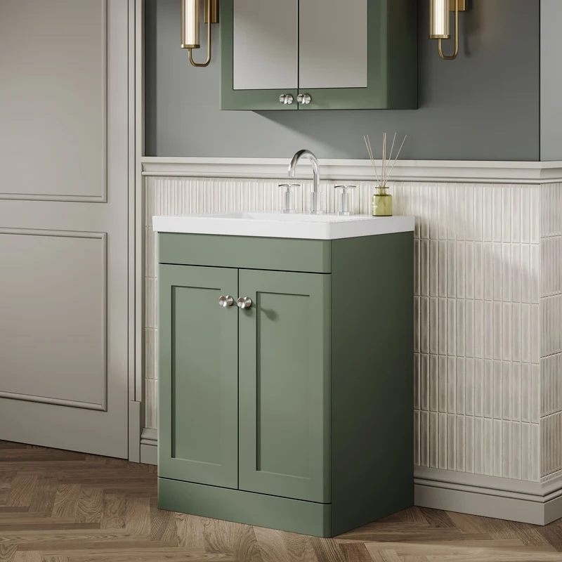Classique 600mm Floor Standing Vanity Unit With 2 Doors With Contemporary Basin - Satin Green