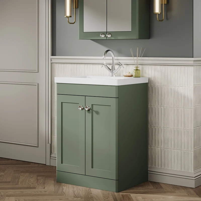 Classique 600mm Floor Standing Vanity Unit With 2 Doors With Contemporary Basin - Satin Green