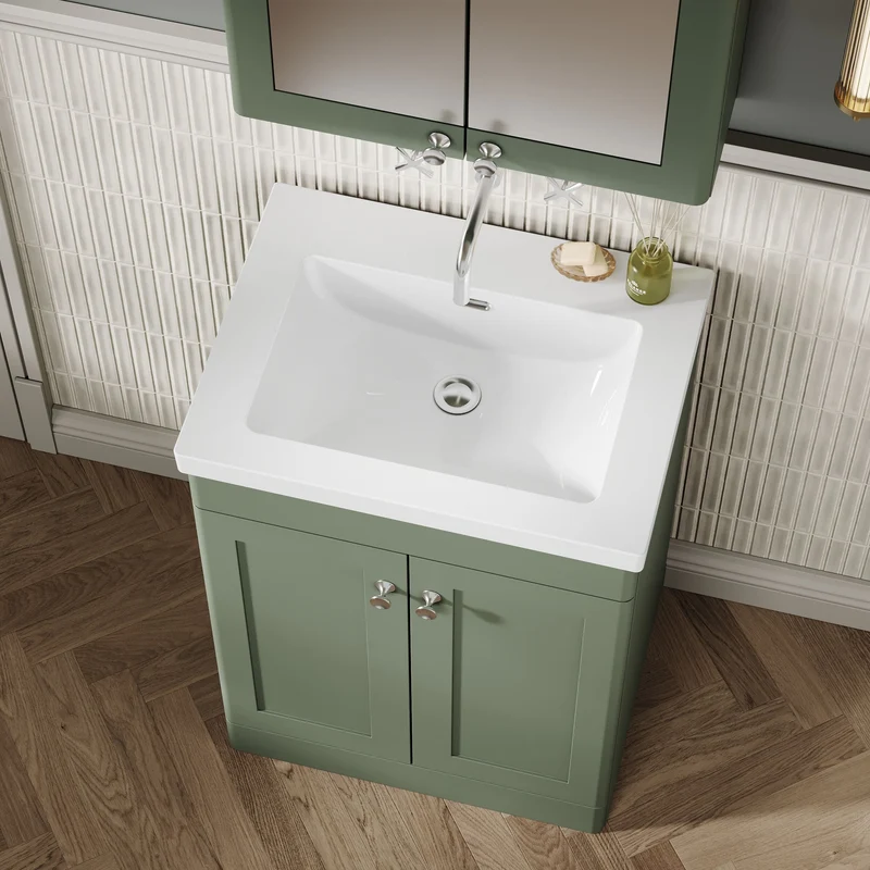 Classique 600mm Floor Standing Vanity Unit With 2 Doors With Contemporary Basin - Satin Green