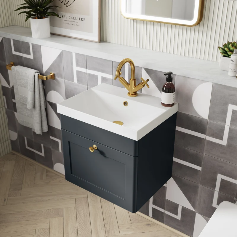 Classique 500mm Wall Hung Vanity Unit With 1 Drawer With Thin Edge Ceramic Basin - Satin Soft Black