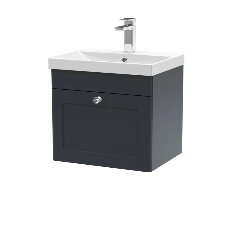 Classique 500mm Wall Hung Vanity Unit With 1 Drawer With Thin Edge Ceramic Basin - Satin Soft Black