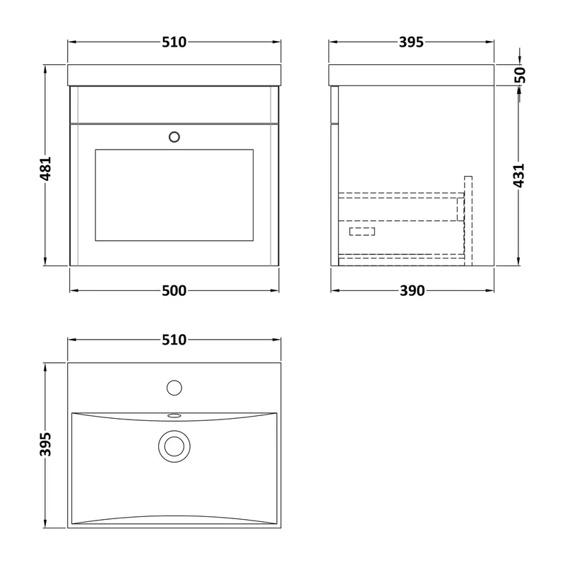 Classique 500mm Wall Hung Vanity Unit With 1 Drawer With Thin Edge Ceramic Basin - Satin Soft Black
