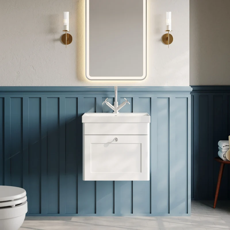 Classique 500mm Wall Hung Vanity Unit With 1 Drawer With Thin Edge Ceramic Basin - Satin White