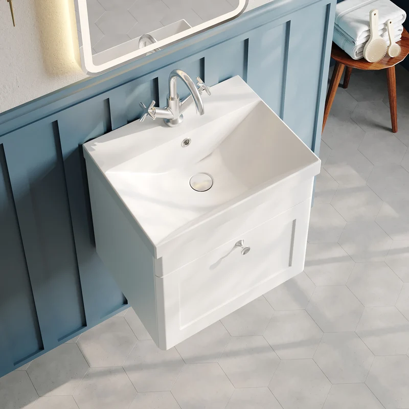 Classique 500mm Wall Hung Vanity Unit With 1 Drawer With Thin Edge Ceramic Basin - Satin White