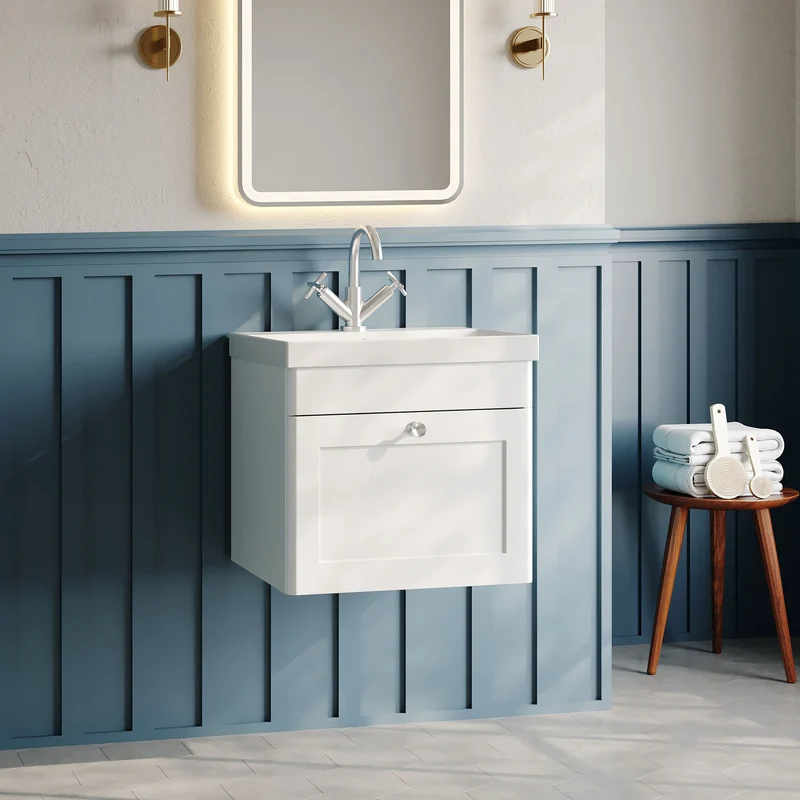 Classique 500mm Wall Hung Vanity Unit With 1 Drawer With Thin Edge Ceramic Basin - Satin White
