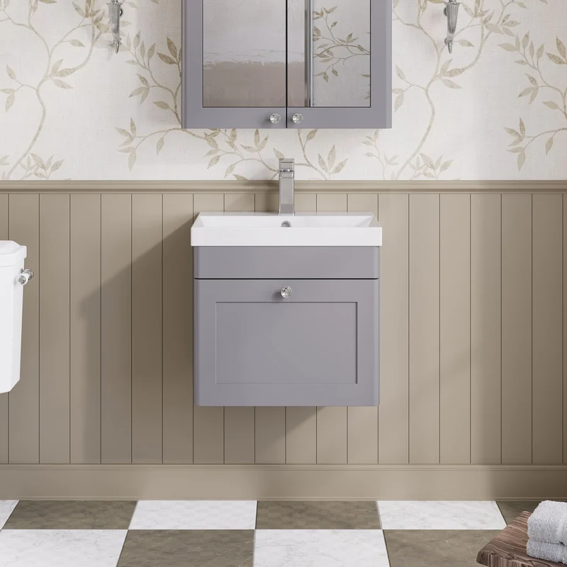 Classique 500mm Wall Hung Vanity Unit With 1 Drawer With Thin Edge Ceramic Basin - Satin Grey