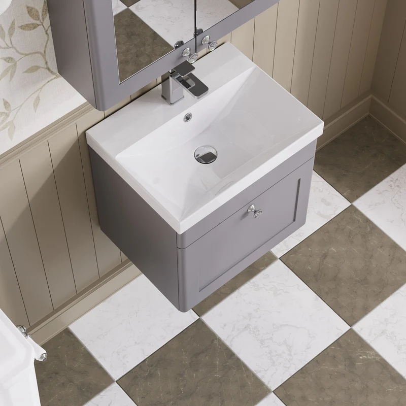 Classique 500mm Wall Hung Vanity Unit With 1 Drawer With Thin Edge Ceramic Basin - Satin Grey