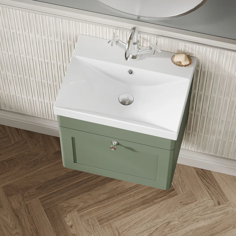 Classique 500mm Wall Hung Vanity Unit With 1 Drawer With Thin Edge Ceramic Basin - Satin Green