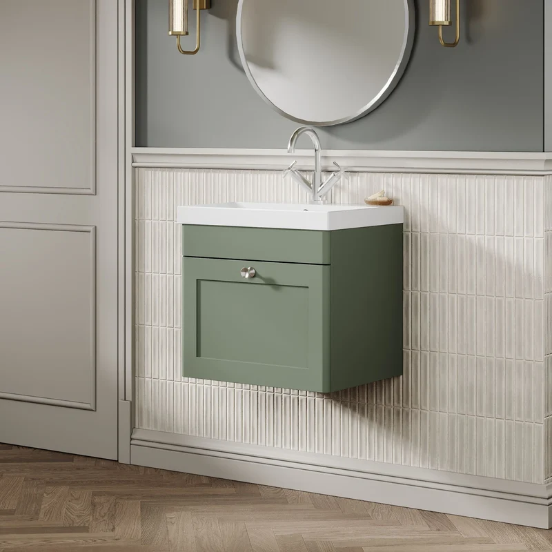 Classique 500mm Wall Hung Vanity Unit With 1 Drawer With Thin Edge Ceramic Basin - Satin Green