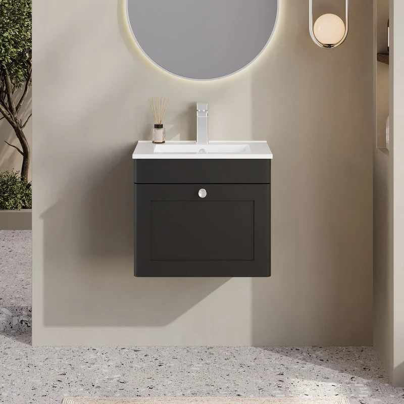 Classique 500mm Wall Hung Vanity Unit With 1 Drawer With Minimalist Ceramic Basin - Satin Soft Black