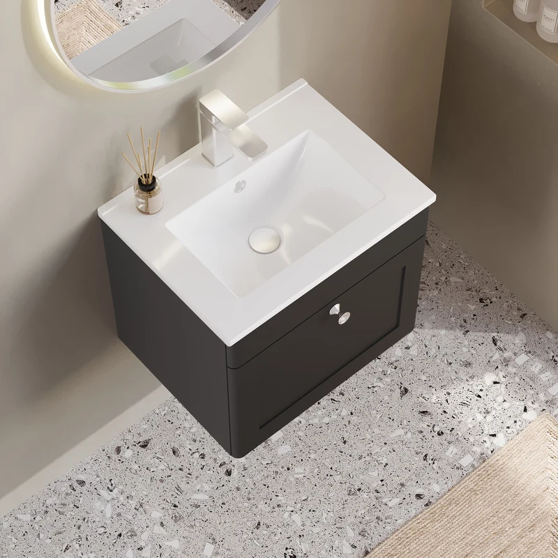 Classique 500mm Wall Hung Vanity Unit With 1 Drawer With Minimalist Ceramic Basin - Satin Soft Black