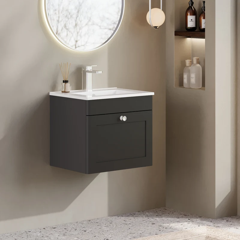Classique 500mm Wall Hung Vanity Unit With 1 Drawer With Minimalist Ceramic Basin - Satin Soft Black