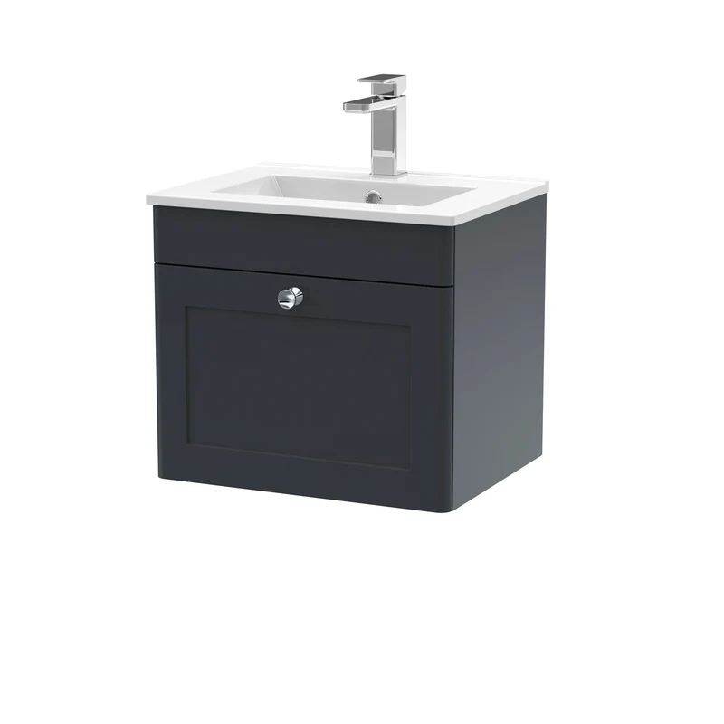 Classique 500mm Wall Hung Vanity Unit With 1 Drawer With Minimalist Ceramic Basin - Satin Soft Black