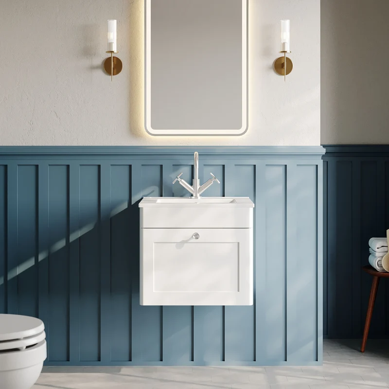 Classique 500mm Wall Hung Vanity Unit With 1 Drawer With Minimalist Ceramic Basin - Satin White