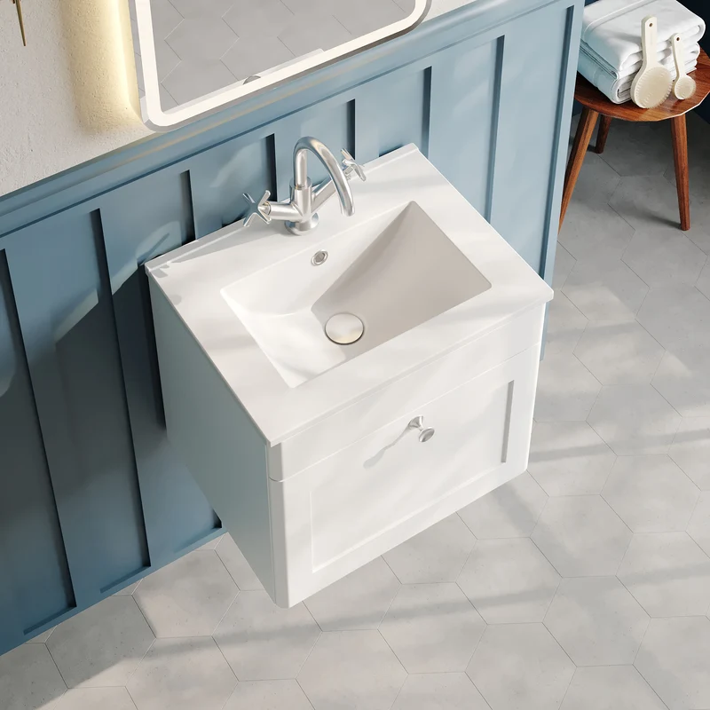 Classique 500mm Wall Hung Vanity Unit With 1 Drawer With Minimalist Ceramic Basin - Satin White