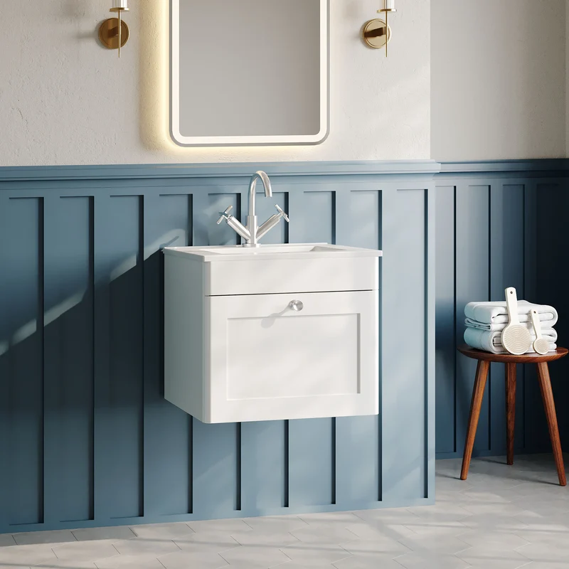 Classique 500mm Wall Hung Vanity Unit With 1 Drawer With Minimalist Ceramic Basin - Satin White