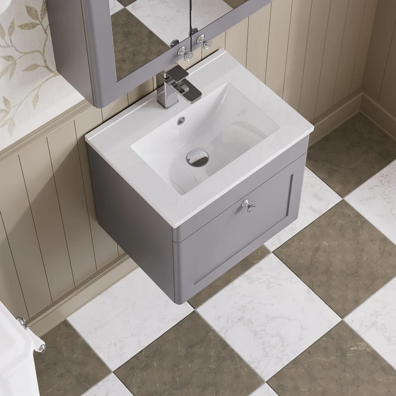 Classique 500mm Wall Hung Vanity Unit With 1 Drawer With Minimalist Ceramic Basin - Satin Grey