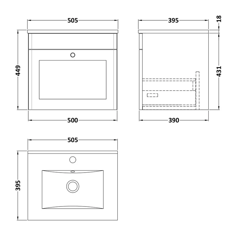 Classique 500mm Wall Hung Vanity Unit With 1 Drawer With Minimalist Ceramic Basin - Satin Grey
