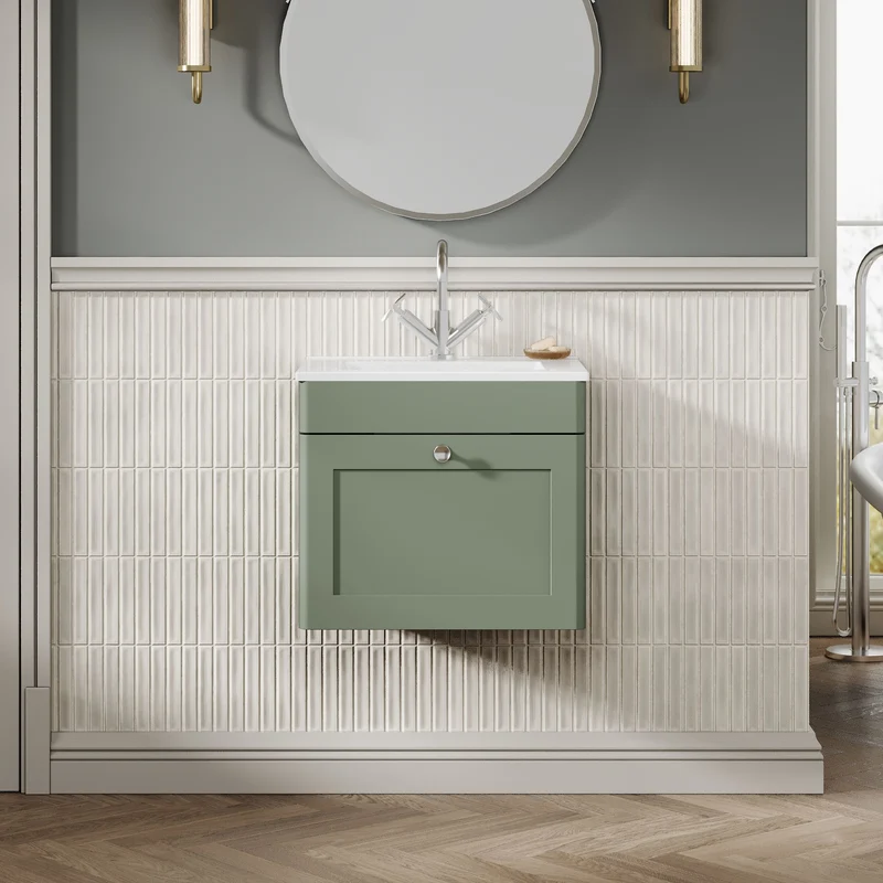 Classique 500mm Wall Hung Vanity Unit With 1 Drawer With Minimalist Ceramic Basin - Satin Green
