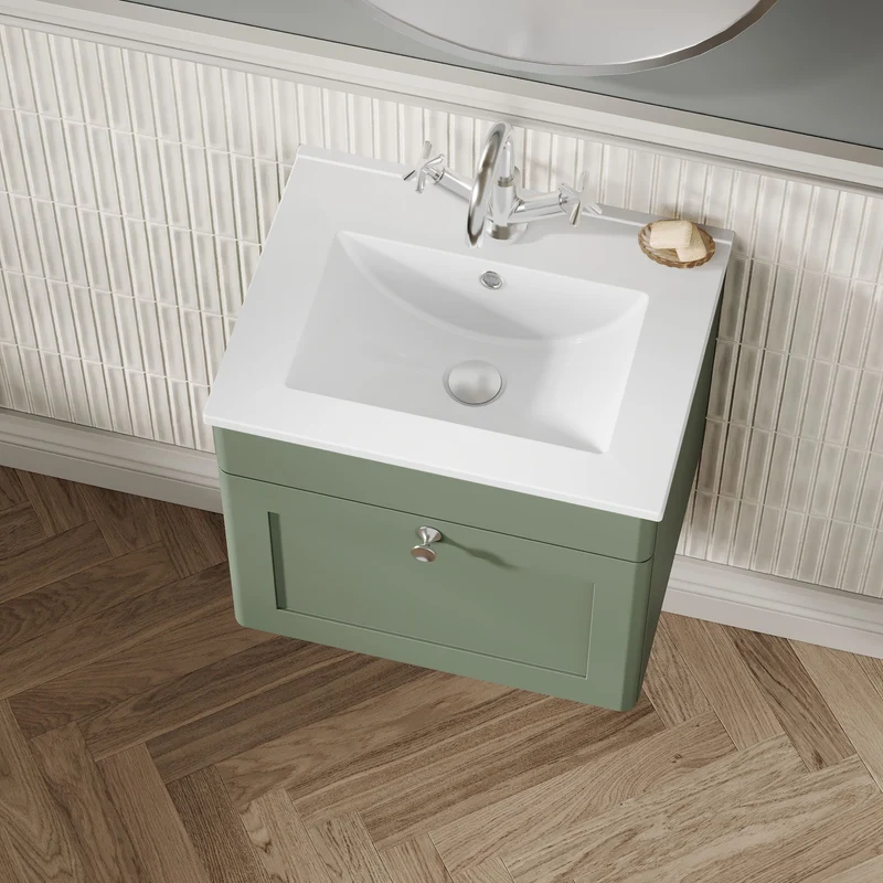 Classique 500mm Wall Hung Vanity Unit With 1 Drawer With Minimalist Ceramic Basin - Satin Green