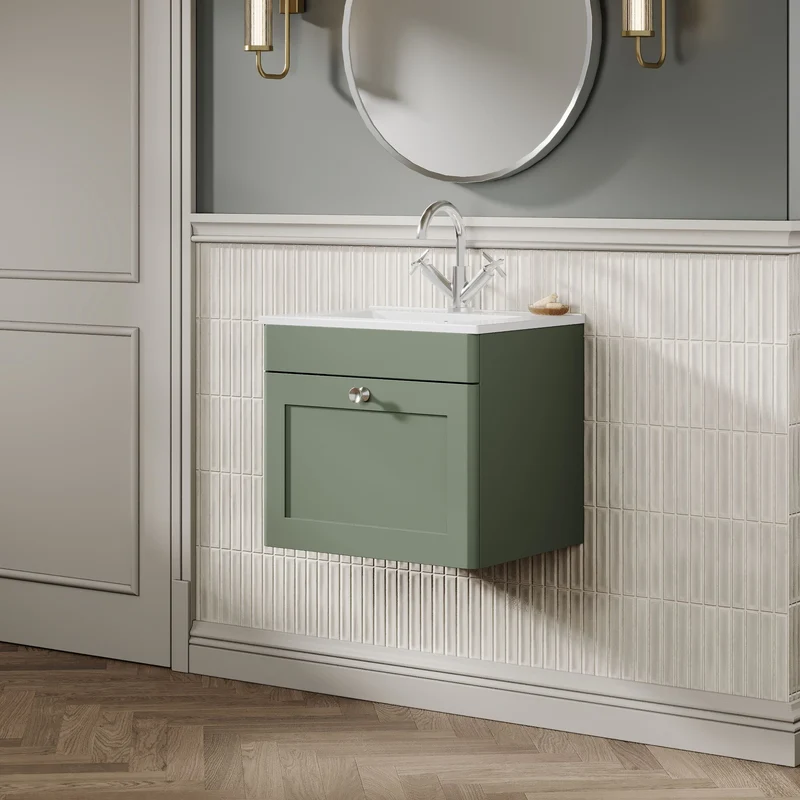 Classique 500mm Wall Hung Vanity Unit With 1 Drawer With Minimalist Ceramic Basin - Satin Green