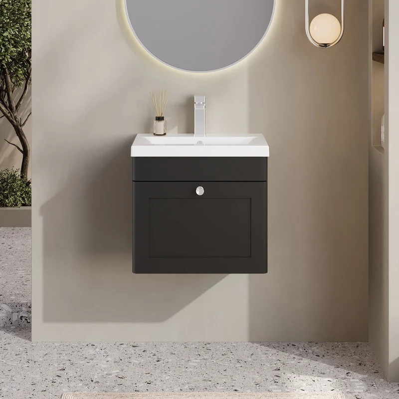 Classique 500mm Wall Hung Vanity Unit With 1 Drawer With Mid Edge Ceramic Basin - Satin Soft Black