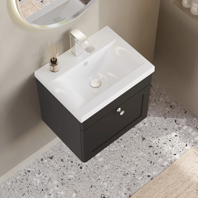 Classique 500mm Wall Hung Vanity Unit With 1 Drawer With Mid Edge Ceramic Basin - Satin Soft Black