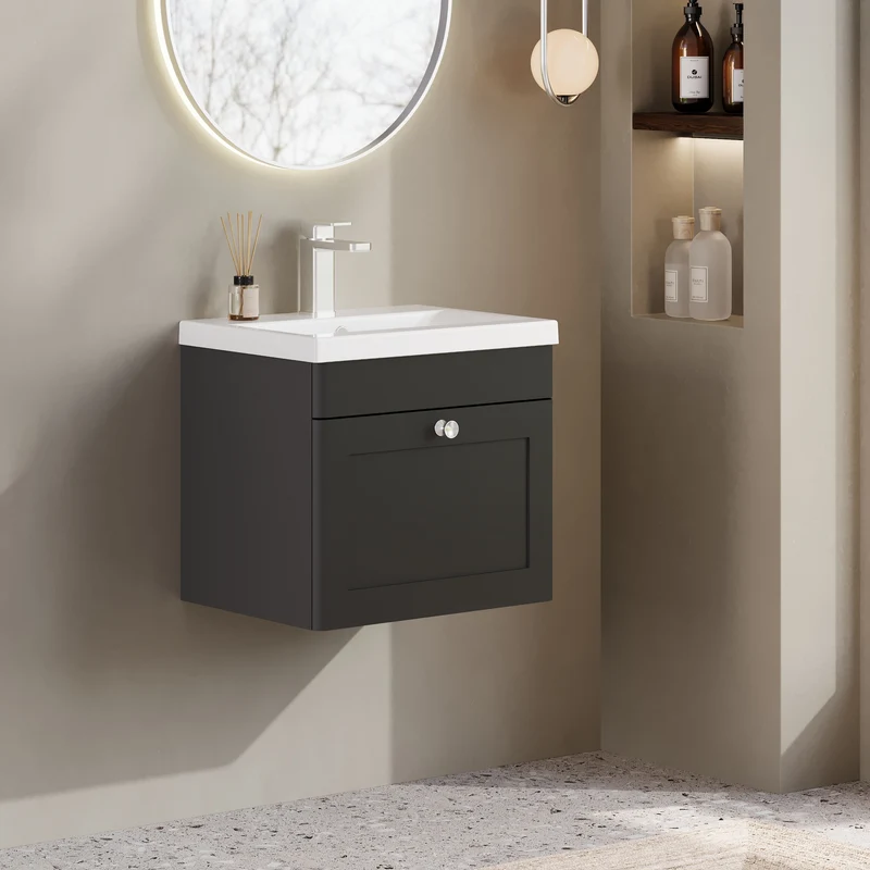 Classique 500mm Wall Hung Vanity Unit With 1 Drawer With Mid Edge Ceramic Basin - Satin Soft Black