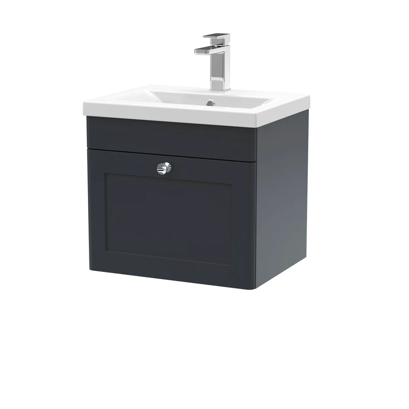 Classique 500mm Wall Hung Vanity Unit With 1 Drawer With Mid Edge Ceramic Basin - Satin Soft Black