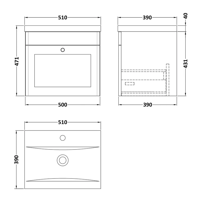 Classique 500mm Wall Hung Vanity Unit With 1 Drawer With Mid Edge Ceramic Basin - Satin Soft Black