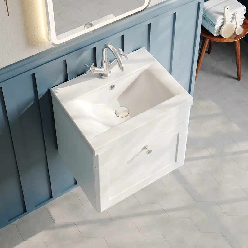 Classique 500mm Wall Hung Vanity Unit With 1 Drawer With Mid Edge Ceramic Basin - Satin White