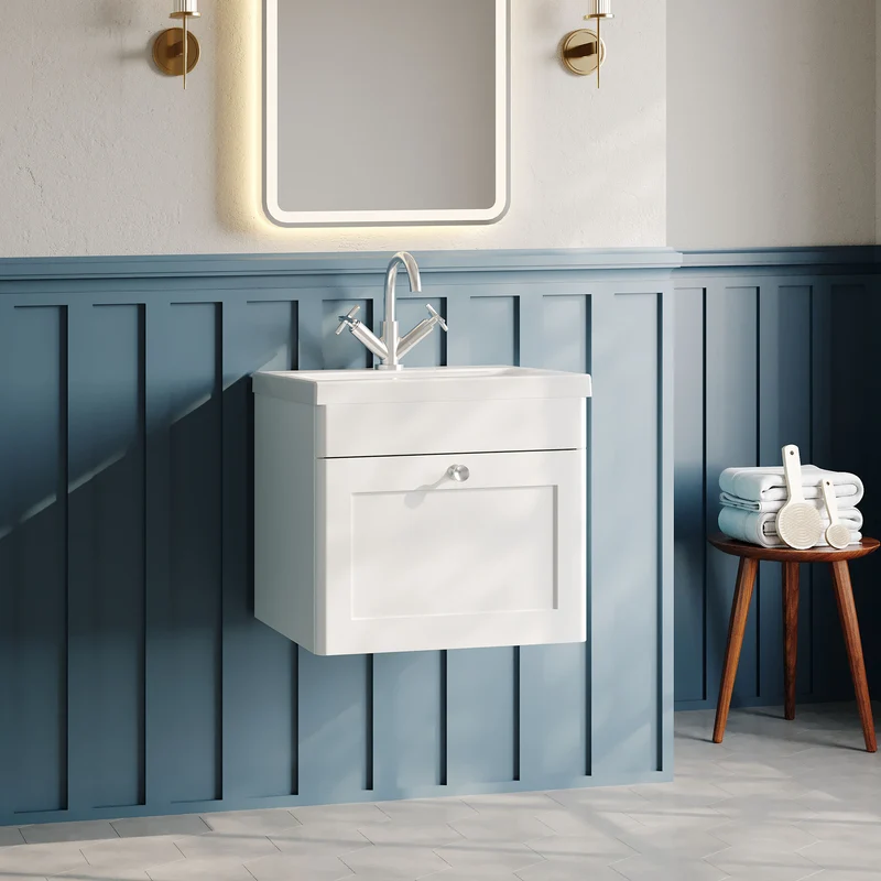 Classique 500mm Wall Hung Vanity Unit With 1 Drawer With Mid Edge Ceramic Basin - Satin White