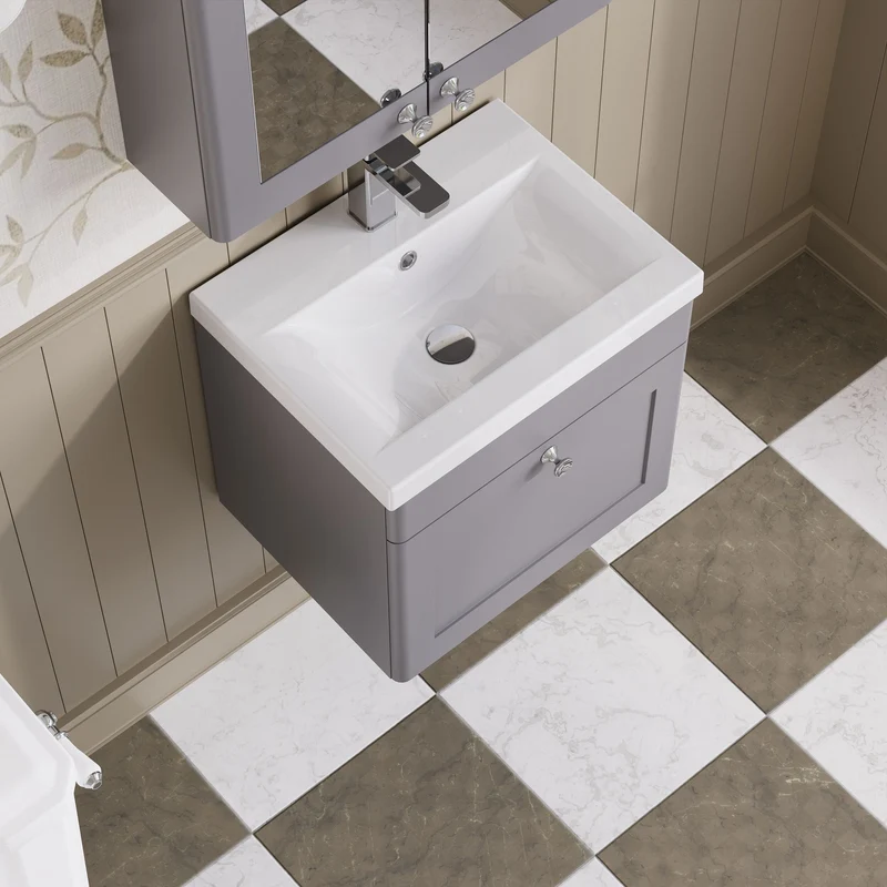 Classique 500mm Wall Hung Vanity Unit With 1 Drawer With Mid Edge Ceramic Basin - Satin Grey