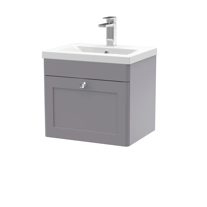 Classique 500mm Wall Hung Vanity Unit With 1 Drawer With Mid Edge Ceramic Basin - Satin Grey
