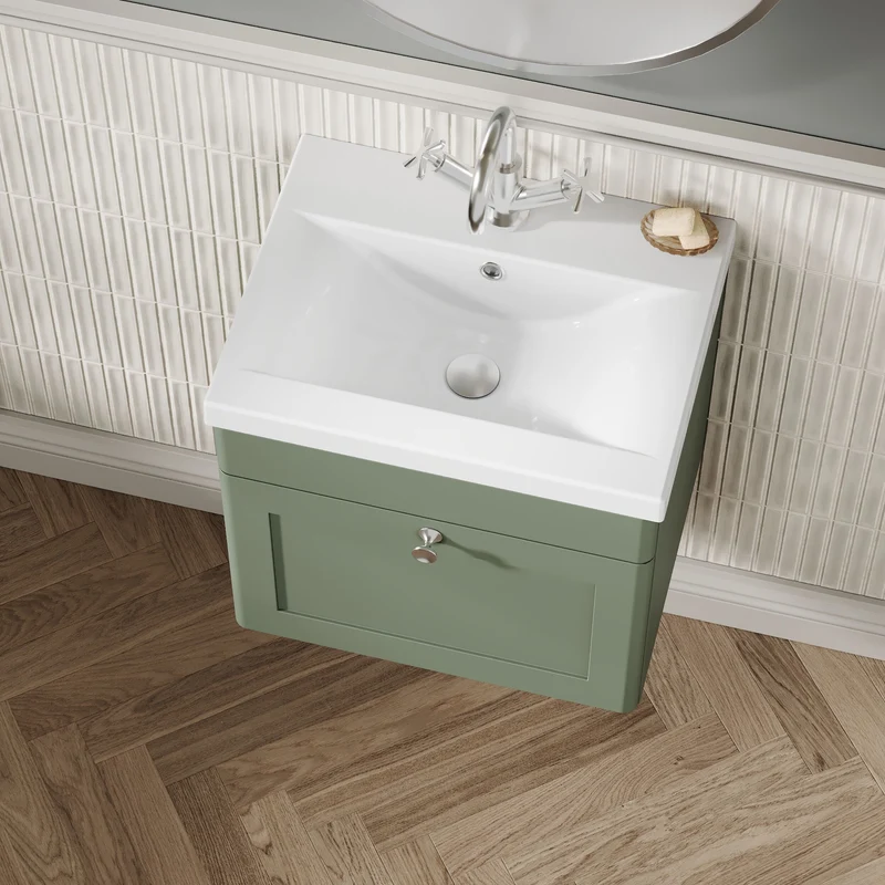 Classique 500mm Wall Hung Vanity Unit With 1 Drawer With Mid Edge Ceramic Basin - Satin Green