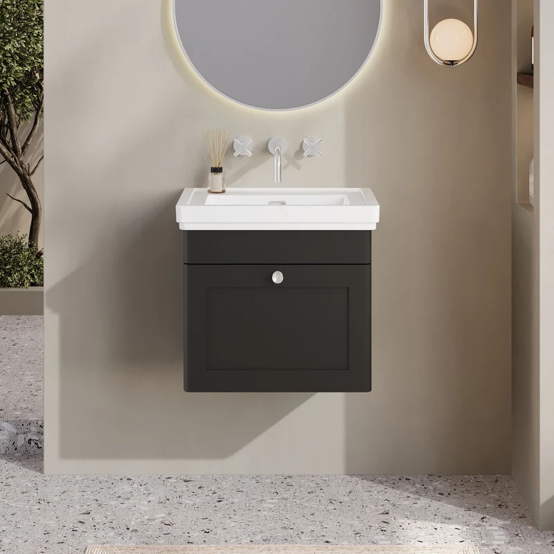 Classique 500mm Wall Hung Vanity Unit With 1 Drawer With Fireclay Basin - Satin Soft Black