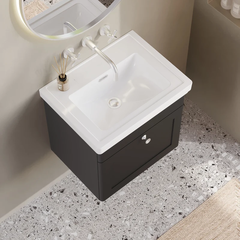 Classique 500mm Wall Hung Vanity Unit With 1 Drawer With Fireclay Basin - Satin Soft Black