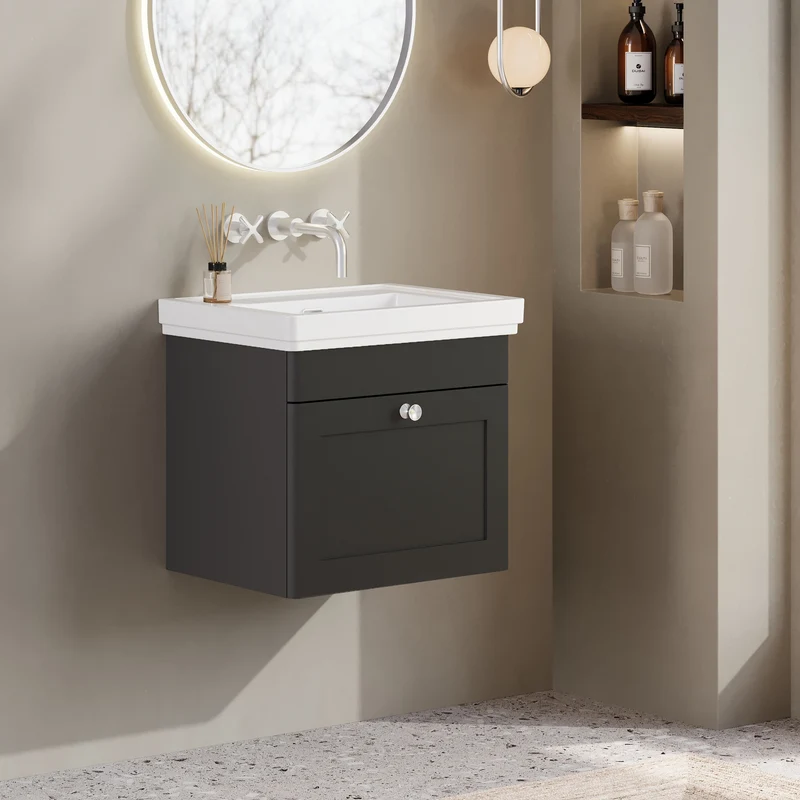 Classique 500mm Wall Hung Vanity Unit With 1 Drawer With Fireclay Basin - Satin Soft Black