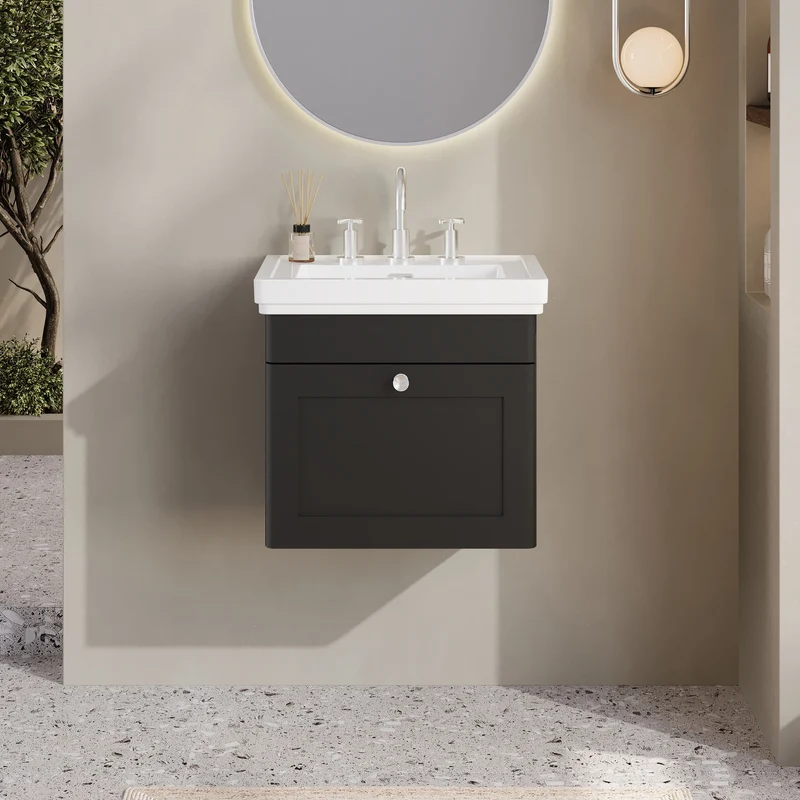 Classique 500mm Wall Hung Vanity Unit With 1 Drawer With Fireclay Basin - Satin Soft Black