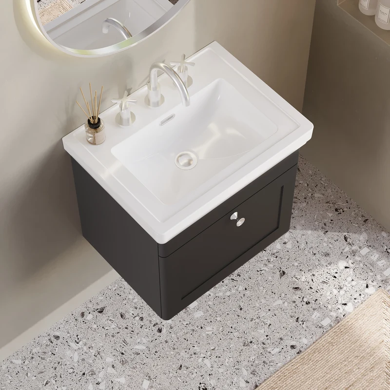 Classique 500mm Wall Hung Vanity Unit With 1 Drawer With Fireclay Basin - Satin Soft Black