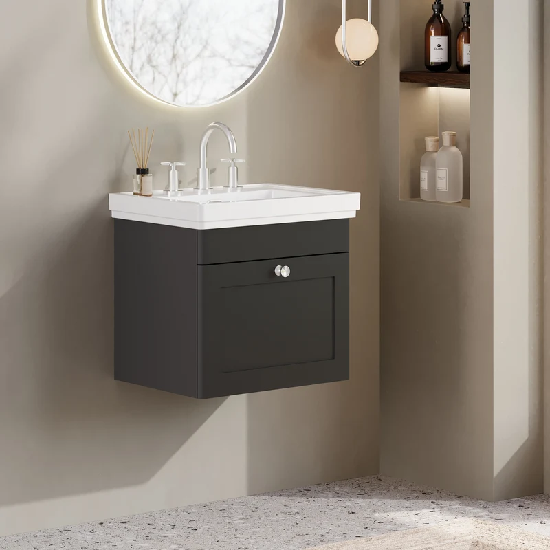 Classique 500mm Wall Hung Vanity Unit With 1 Drawer With Fireclay Basin - Satin Soft Black