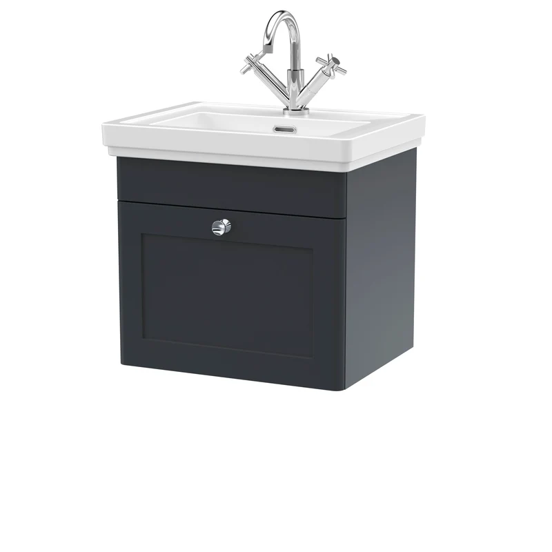 Classique 500mm Wall Hung Vanity Unit With 1 Drawer With Fireclay Basin - Satin Soft Black