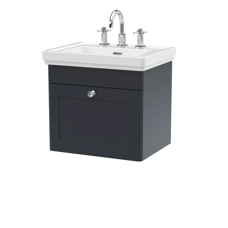 Classique 500mm Wall Hung Vanity Unit With 1 Drawer With Fireclay Basin - Satin Soft Black