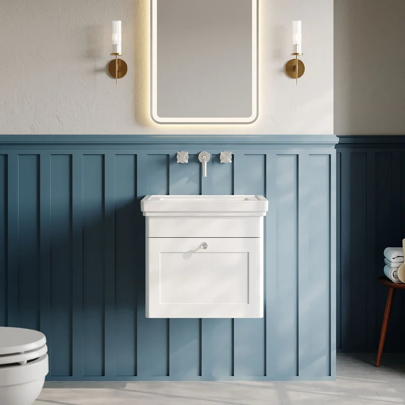 Classique 500mm Wall Hung Vanity Unit With 1 Drawer With Fireclay Basin - Satin White