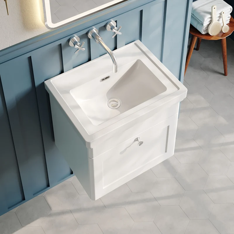 Classique 500mm Wall Hung Vanity Unit With 1 Drawer With Fireclay Basin - Satin White
