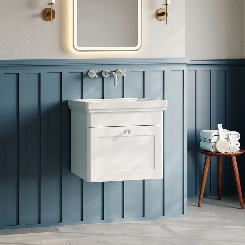 Classique 500mm Wall Hung Vanity Unit With 1 Drawer With Fireclay Basin - Satin White
